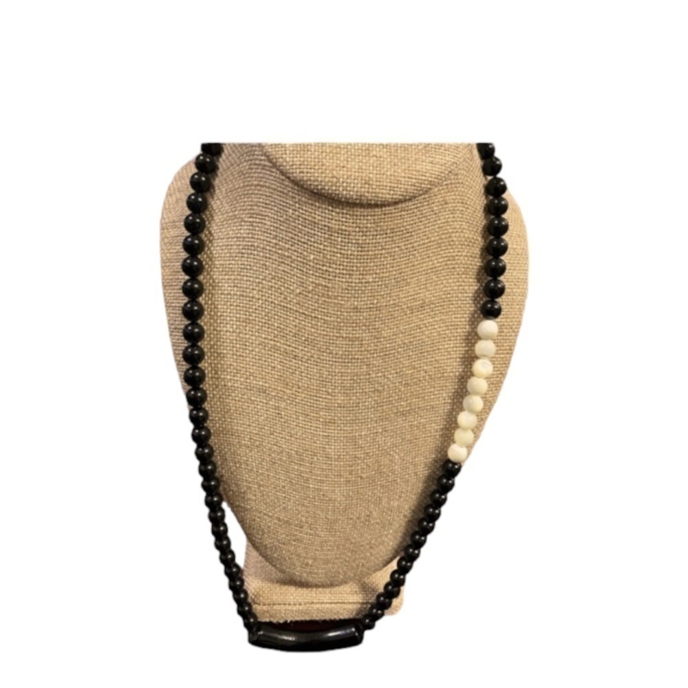 Dark Brown White Stone Striking Necklace Long Accent Bead Asymmetrical Design